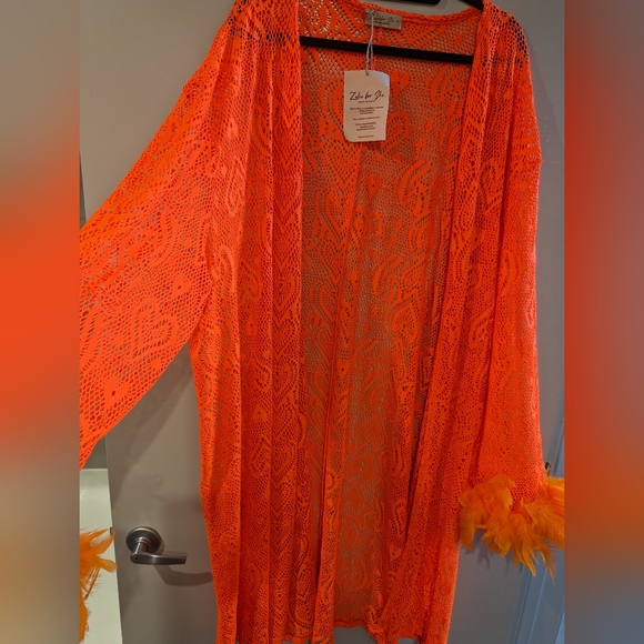 NWT Zelie for She feather trimmed, orange lace/crochet duster Fit Large to 4X - Picture 3 of 6
